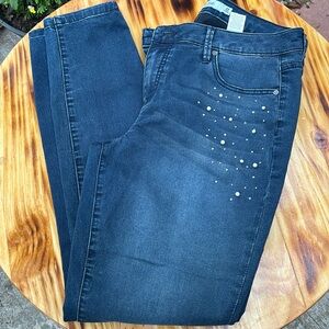 Pearl & rhinestone accent skinny dark wash jeans